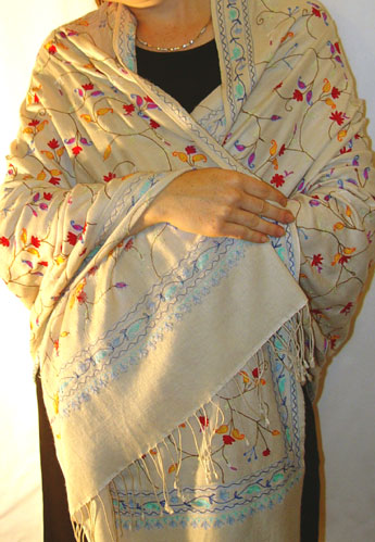 70% pashmina/30% silk fullsize shawl with multi-color Kanya Devi embroidery