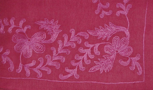 70/30 medium 4-side Eviana embroidery: dark coral shawl, coral stitching